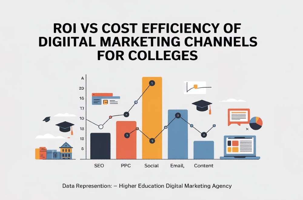 Bar graph comparing ROI and cost efficiency across SEO, PPC, content marketing, and social media for college marketing.