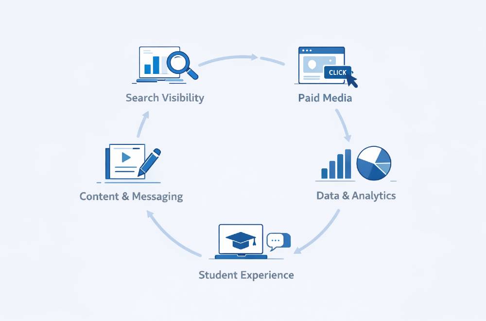 Future-proof digital marketing ecosystem showing digital marketing services for educational institutes including search visibility, paid media, data, content, and student experience