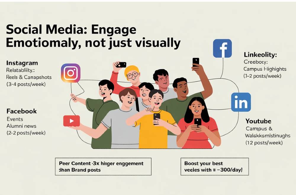 Illustration showing the importance of social media content in digital marketing for colleges.