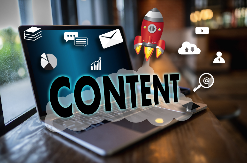 Content marketing concept showing laptop with content icons, analytics symbols, and growth visuals for digital marketing in higher education.