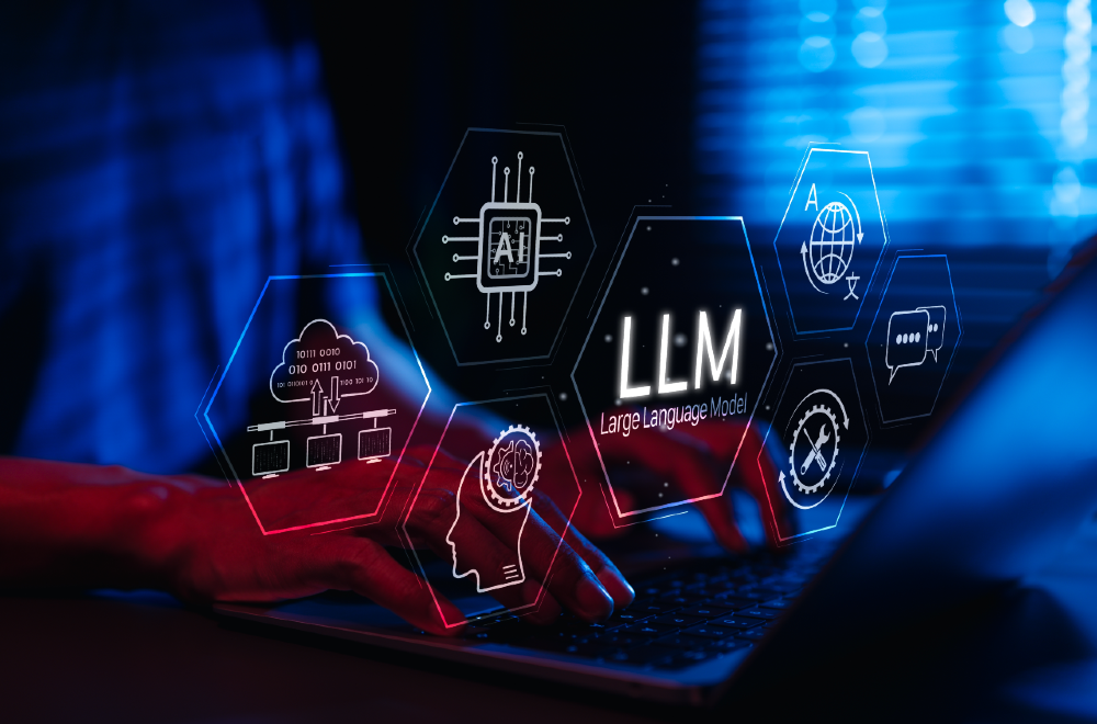 Illustration of LLM (Large Language Models) processing data, representing the impact of LLM seeding on optimizing AI-generated content for better visibility and engagement.