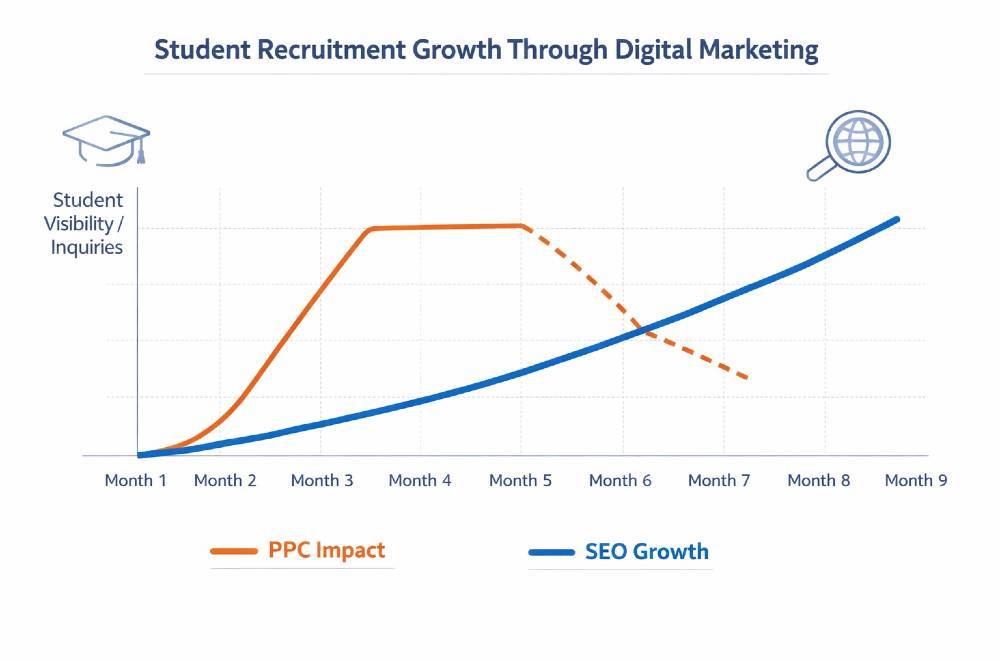 Line graph showing steady growth in student visibility through SEO over time compared to short-term spikes from PPC campaigns, highlighting long-term impact of higher education digital marketing.