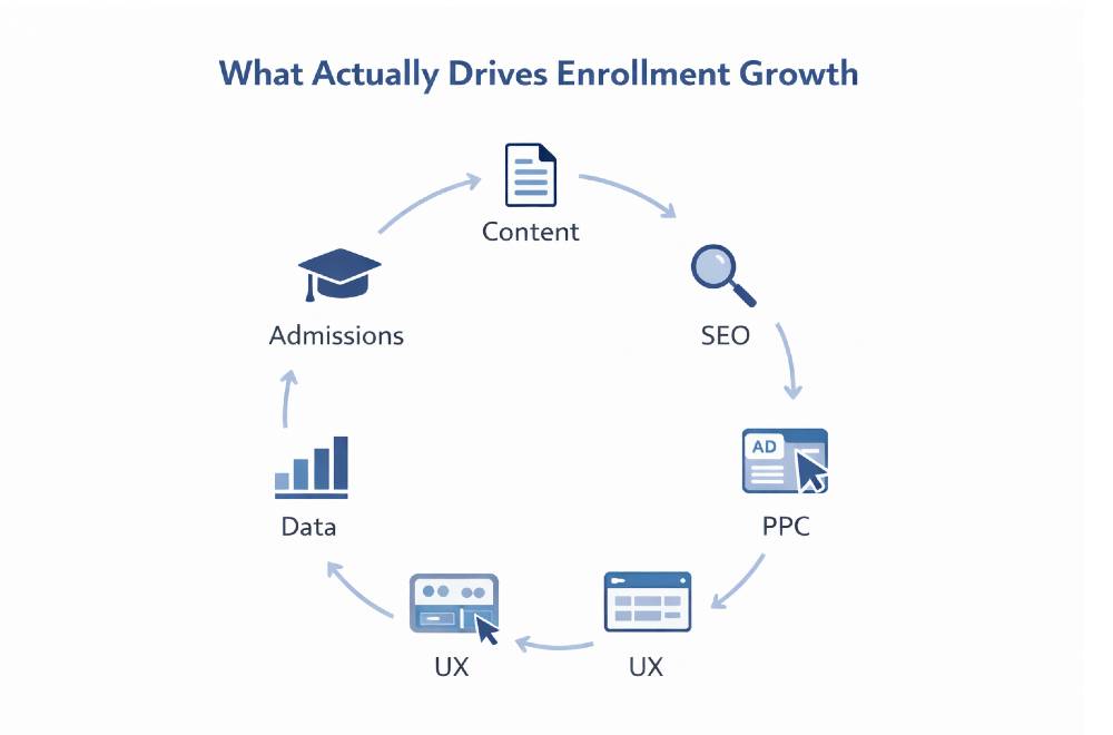 Diagram showing what drives enrollment growth through content, SEO, PPC, UX, data, and admissions working together in a continuous cycle